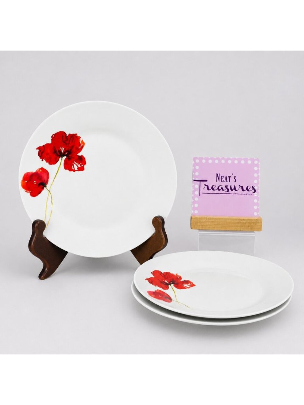 H2K Home To Kitchen POPPI Red Floral White Porcelain 7.5" Salad Plates Set of 3